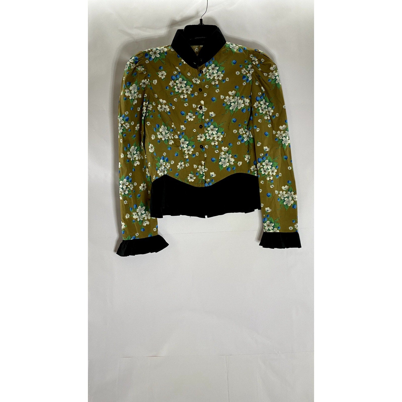 UNBRANDED Women's Green Floral Ruffle Button-Up Long Sleeve Top SZ S