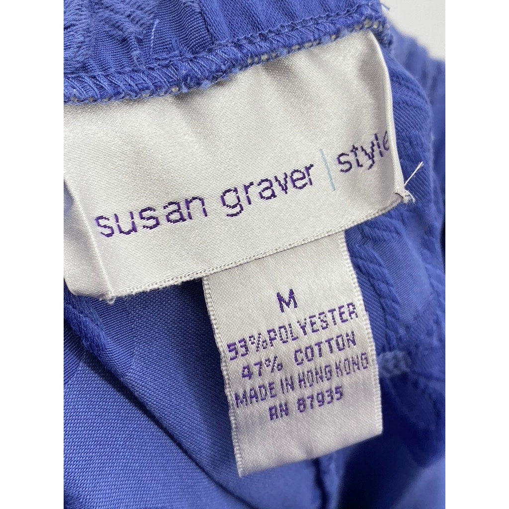 SUSAN GRAVER STYLE Women's Blue Embroidered Floral Side-Zip Cropped Pants SZ M