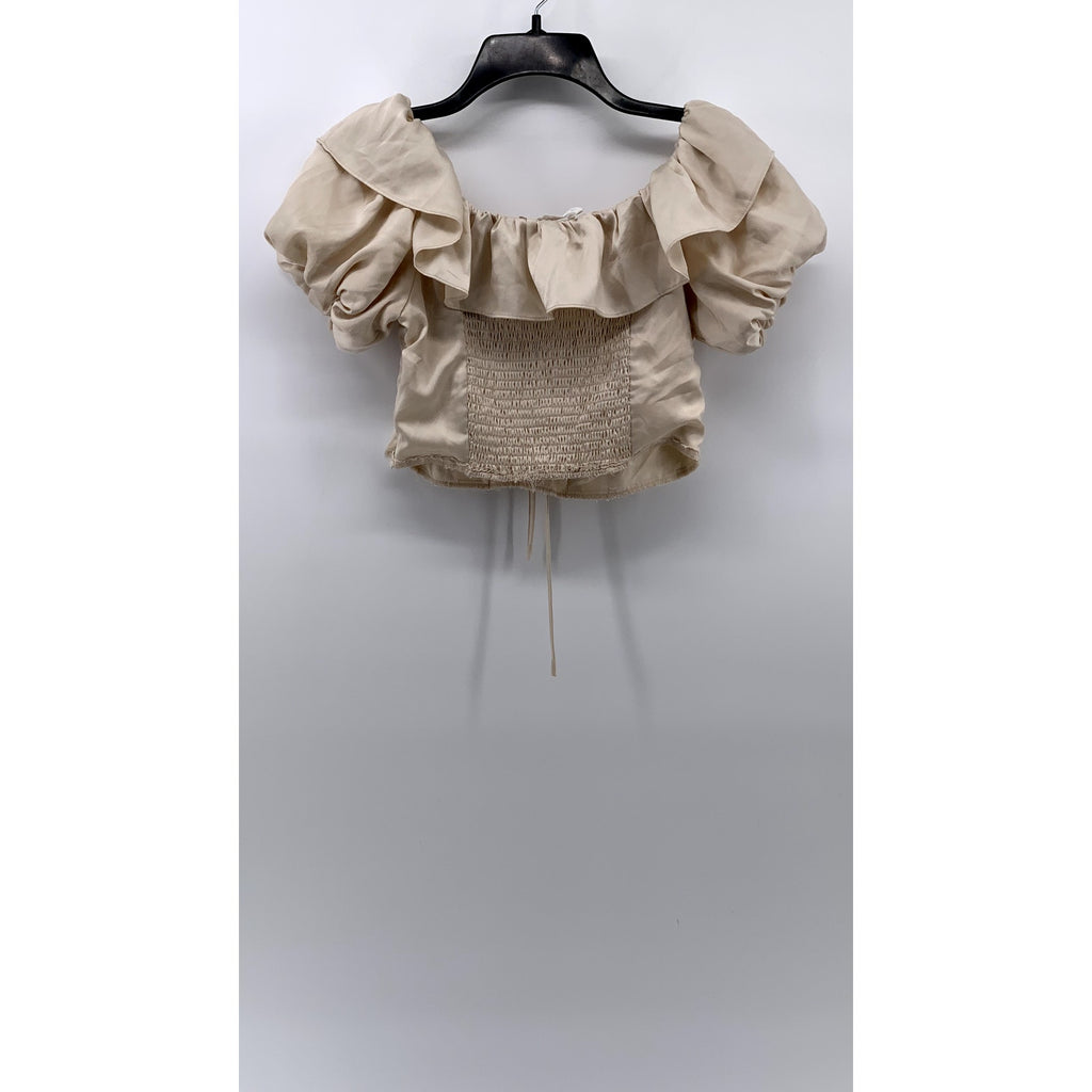 ASTR THE LABEL Women's Beige Satin Ruffle Crop Top SZ S