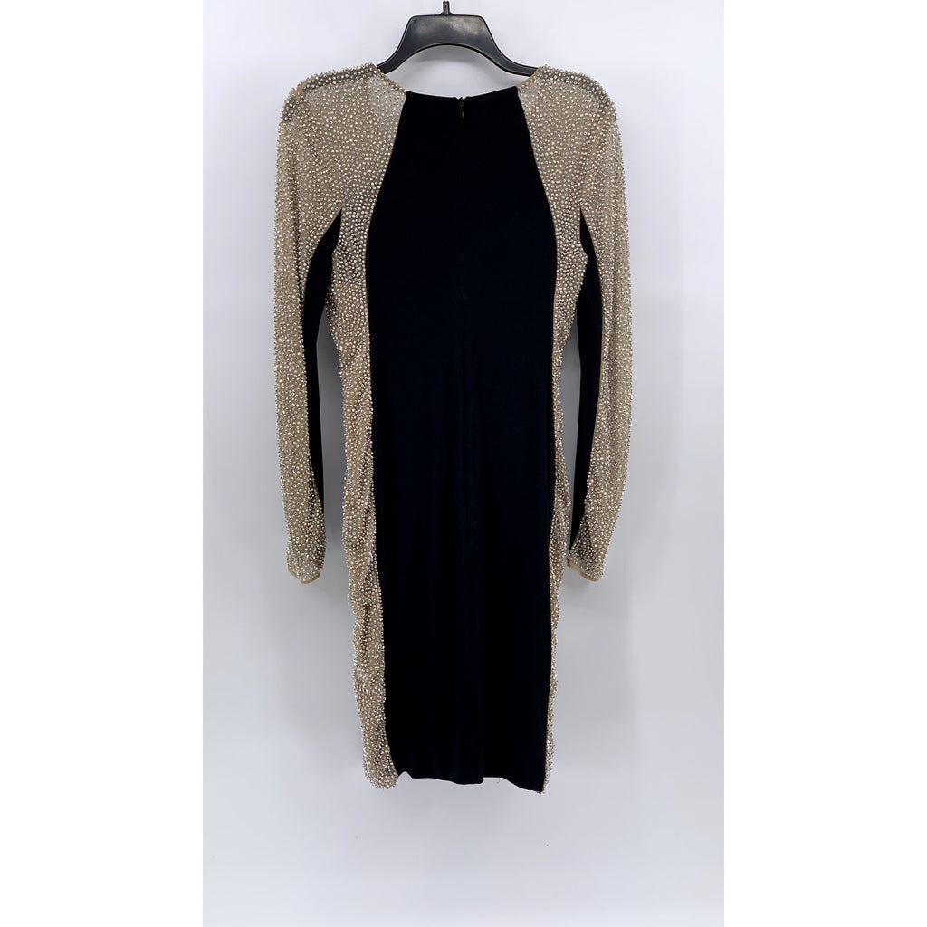AQUA Women's Beige-Black Beaded Scoop-Neck Long Sleeve Illusion Shift Dress SZ 2