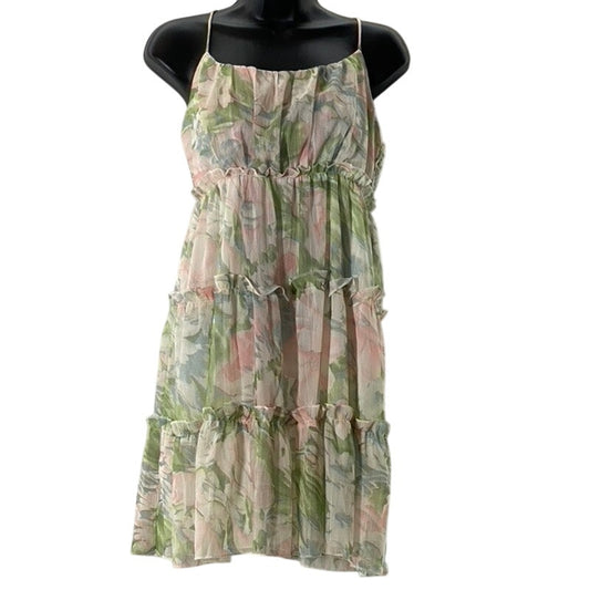 Women's Green Floral Print Tiered Tie-Strap Square-Neckline Mini Dress SZ S