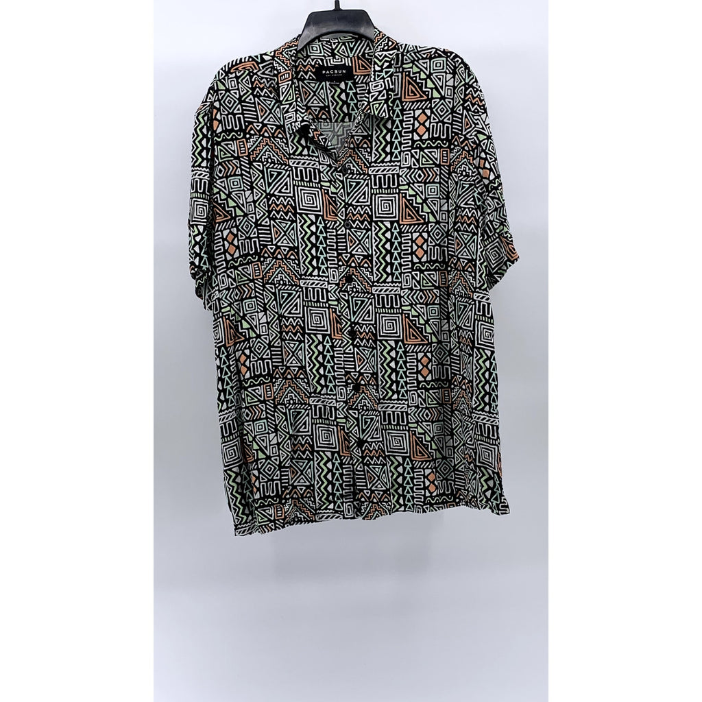 PACSUN Men’s Black-Multi Aztec Button-Up Regular-Fit Short Sleeve Shirt SZ L