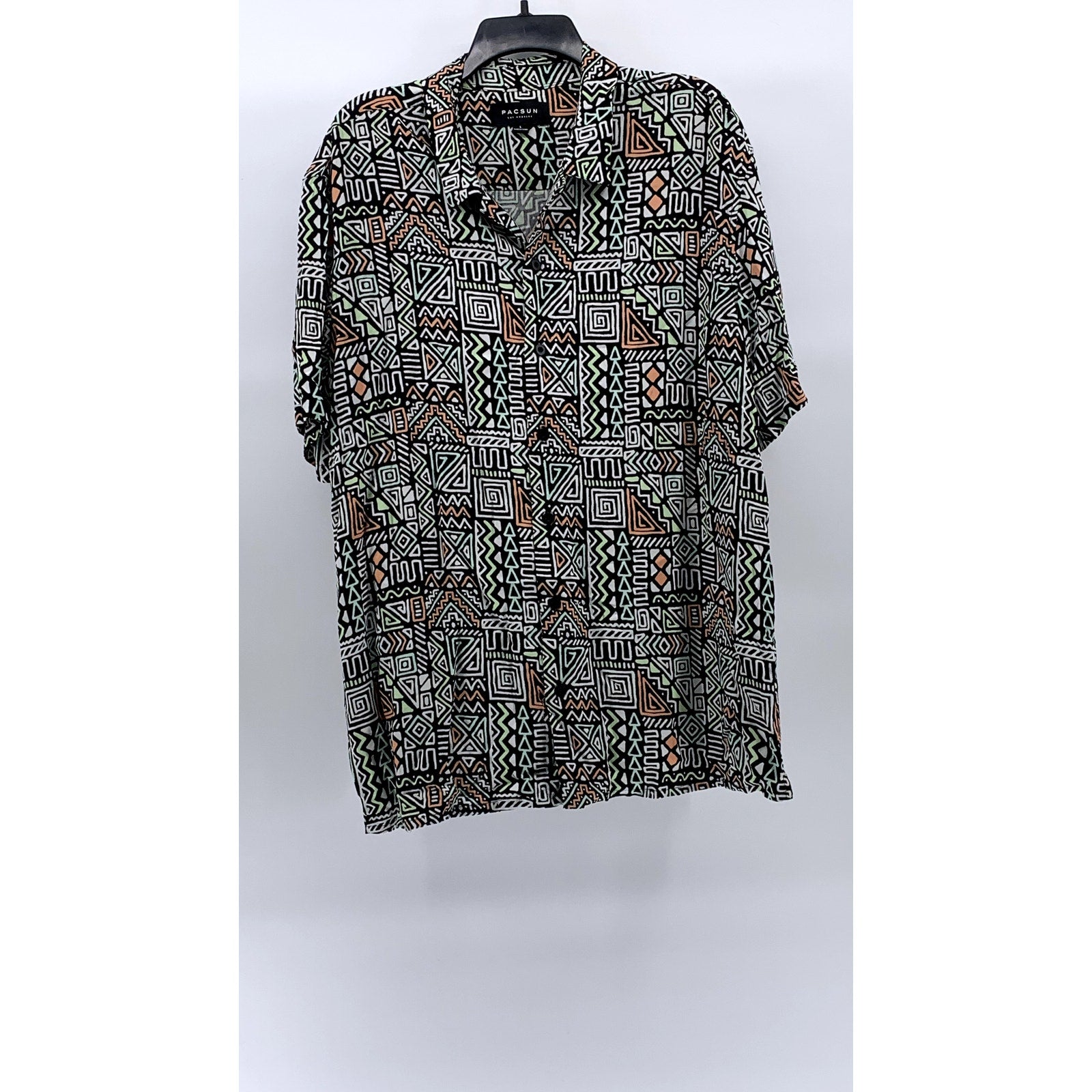 PACSUN Men’s Black-Multi Aztec Button-Up Regular-Fit Short Sleeve Shirt SZ L