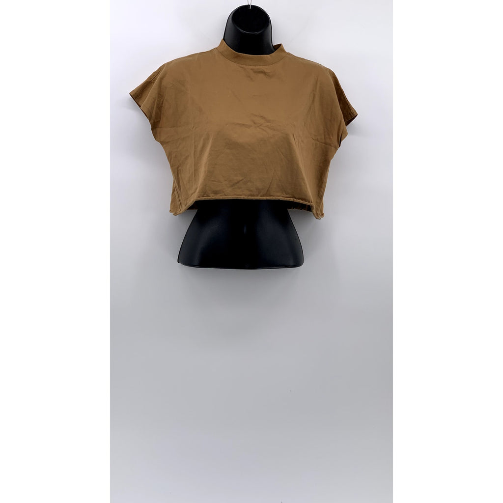 UNIQLO Women's Camel Brown Solid Crewneck Short Sleeve Oversized Crop Top SZ XS