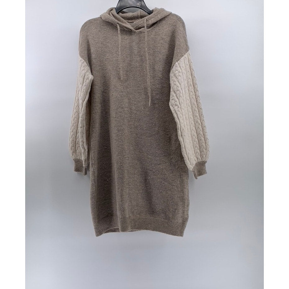STITCHDROP Women's Beige Cable-Knit Long Sleeve Hooded Knee Sweater Dress SZ S