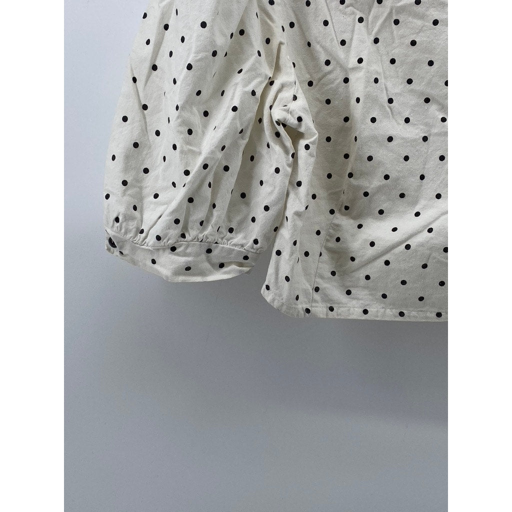 UNBRANDED Women's White-Black Micro Dot Print Balloon Sleeve Cropped Top SZ S