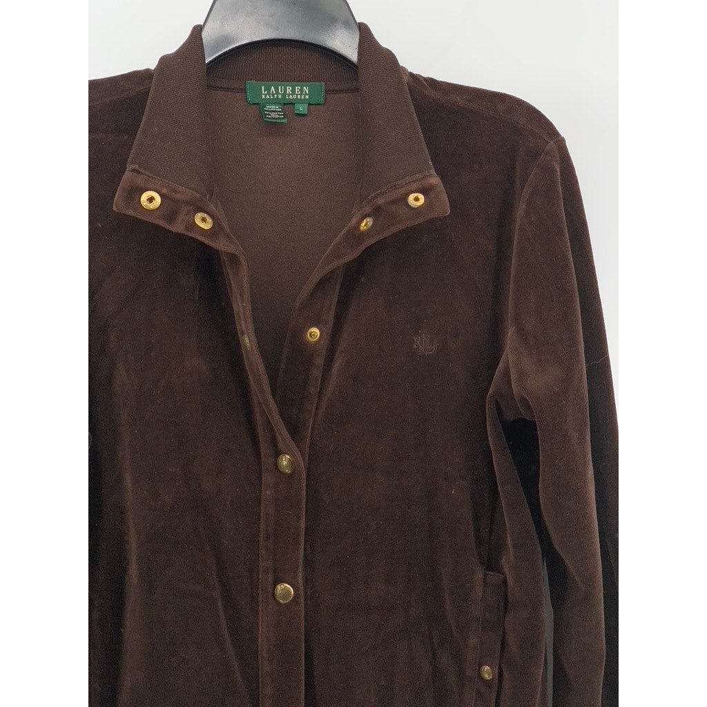 LAUREN RALPH LAUREN Women's Vintage Brown Velvet Snap-Button Sweater SZ L