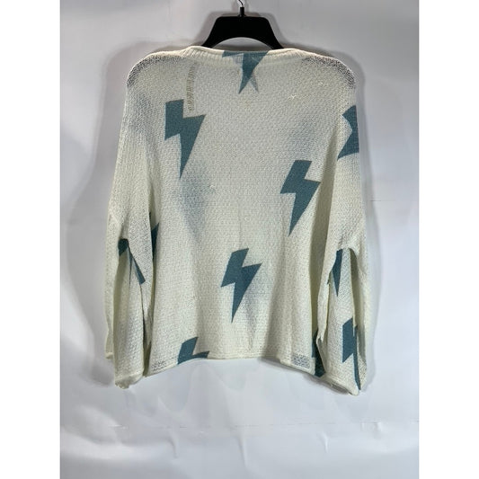 P.O.L Women's Cream Blue Lightening Bolt V-Neck Pullover Knit Sweater SZ S