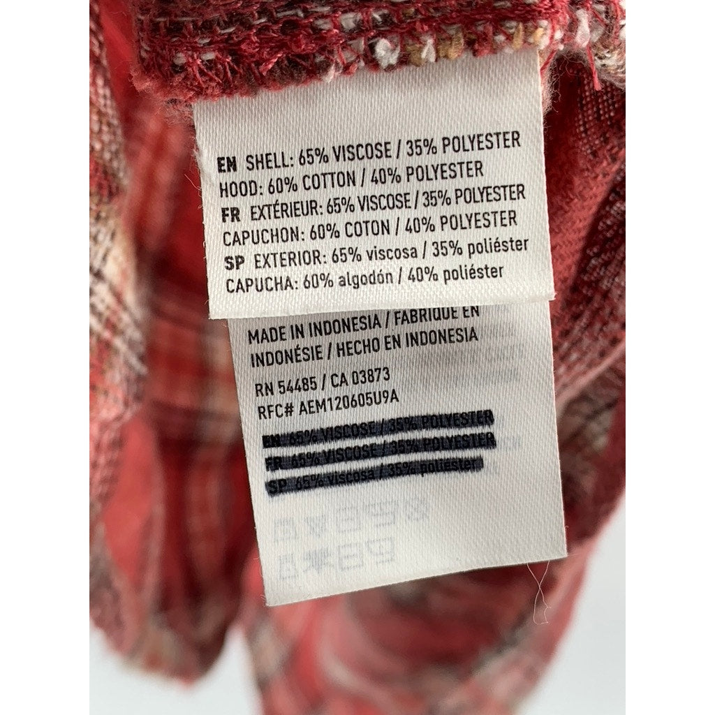 AMERICAN EAGLE Men's Red Plaid Button-Up Hooded Long Sleeve Sweater Shirt SZ L