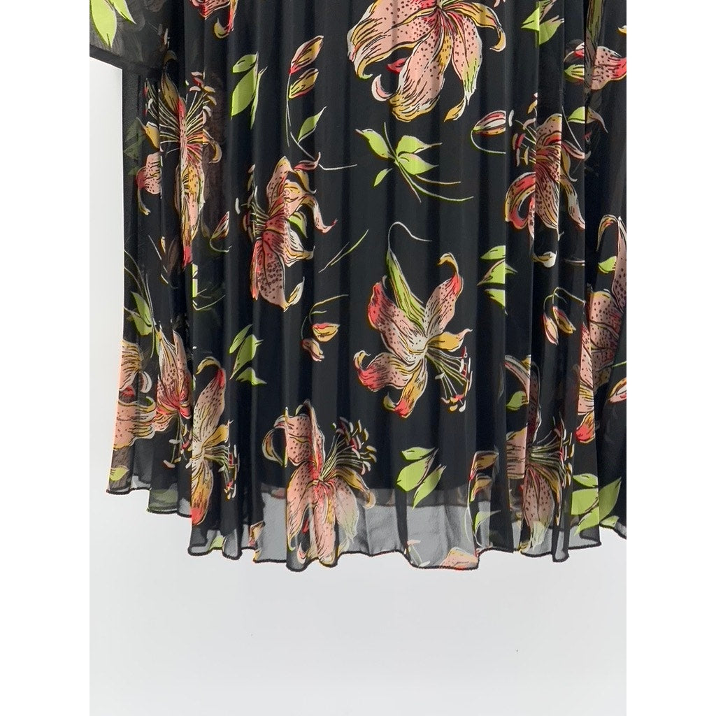 ASOS Women's Black Floral Print Long Sleeve Pleated A-Line Knee Length Dress SZ8