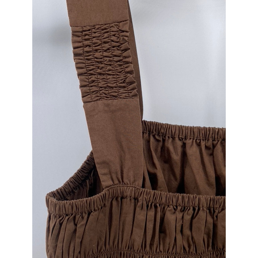 THE DROP Women's Brown Lu Wide Strap Smocked Fit & Flare Knee Length Dress SZ S