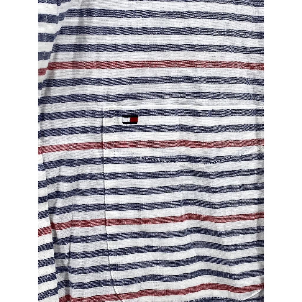 TOMMY HILFIGER Men's Blue-Red Striped Classic-Fit Button-Up Shirt SZ L