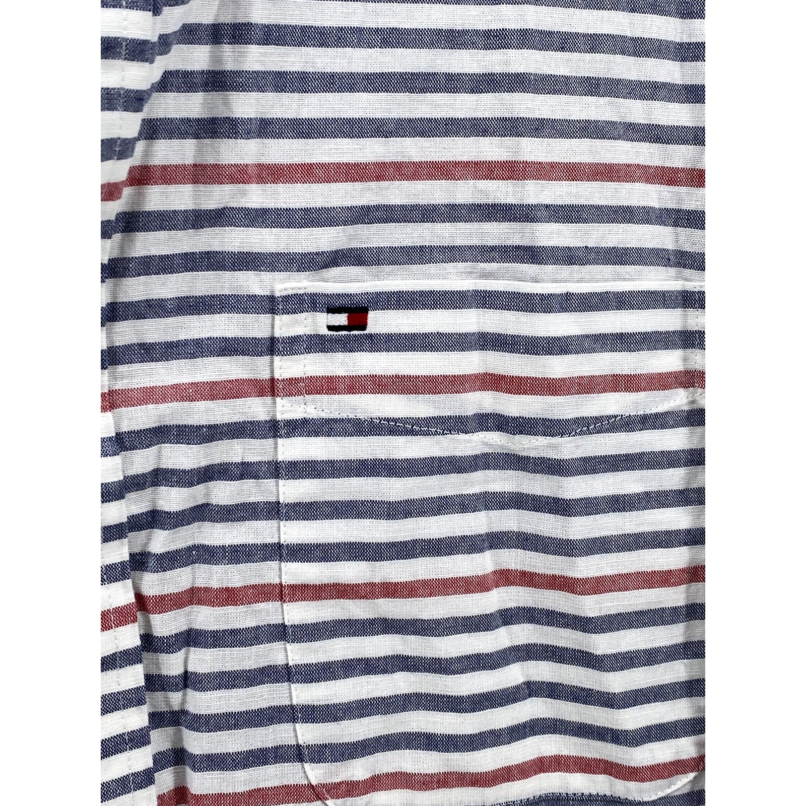 TOMMY HILFIGER Men's Blue-Red Striped Classic-Fit Button-Up Shirt SZ L