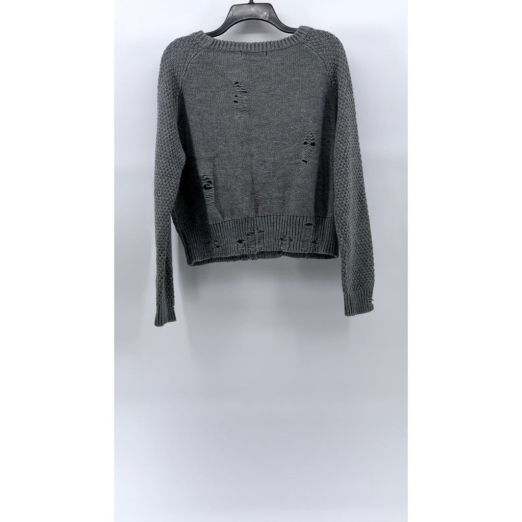 COTTON EMPORIUM Women's Gray Cable Knit Crewneck Distressed Pullover Sweater SZM