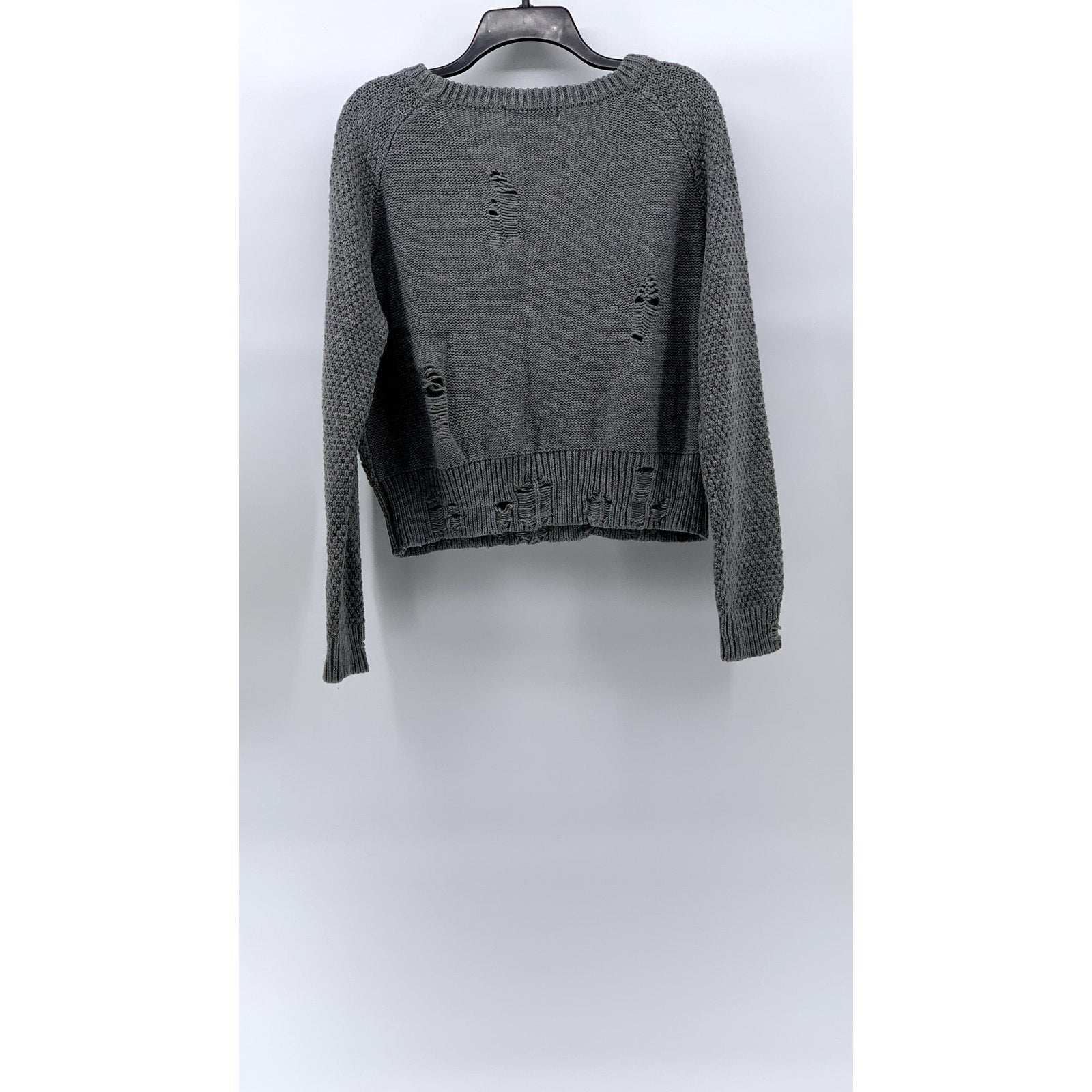COTTON EMPORIUM Women's Gray Cable Knit Crewneck Distressed Pullover Sweater SZM
