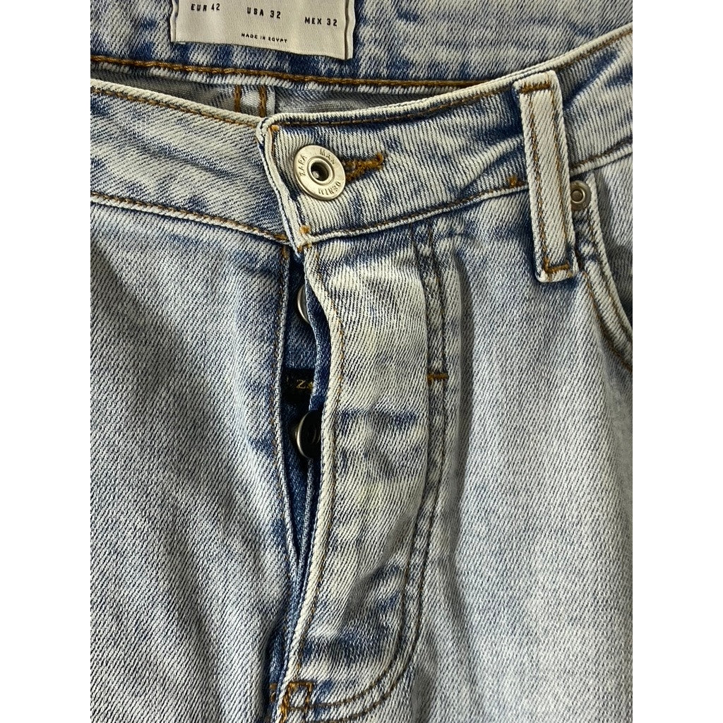 ZARA Men’s Light Blue Wash Denim Distressed Slim-Leg Button-Fly Jean SZ 32