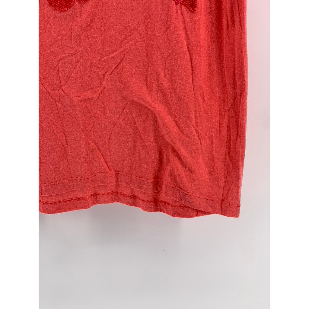 POPURI Women's Orange Hand Embellished Floral Short Sleeve Top SZ L