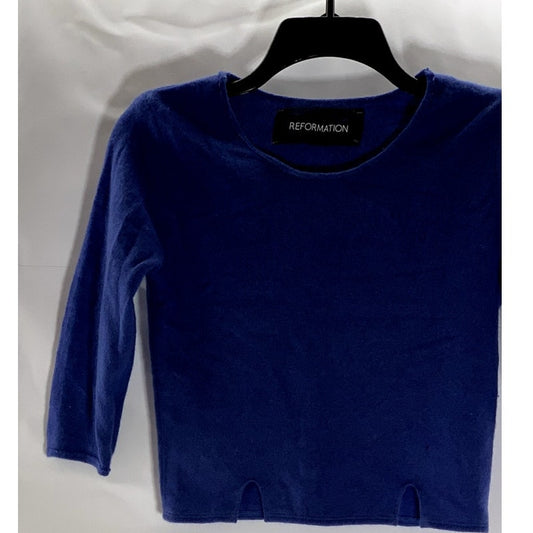 REFORMATION Women's Blue Cropped 3/4 Sleeve Scoop Neck Sweater SZ XS/S
