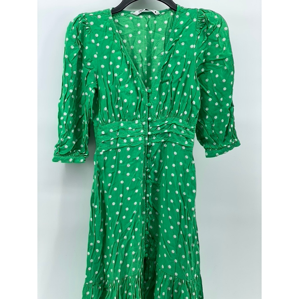ZARA Women's Green-White Polka Dot Smocked V-Neck Button-Front Midi Dress SZ XS