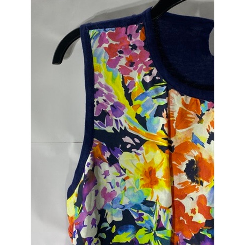 LAUREN RALPH LAUREN Women's Navy Silk Floral Crewneck Sleeveless Keyhole Top SZL