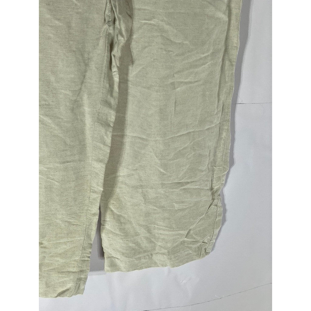 H&M Women's Beige Drawstring Waist Linen-Blend Straight-Leg Casual Pant SZ L