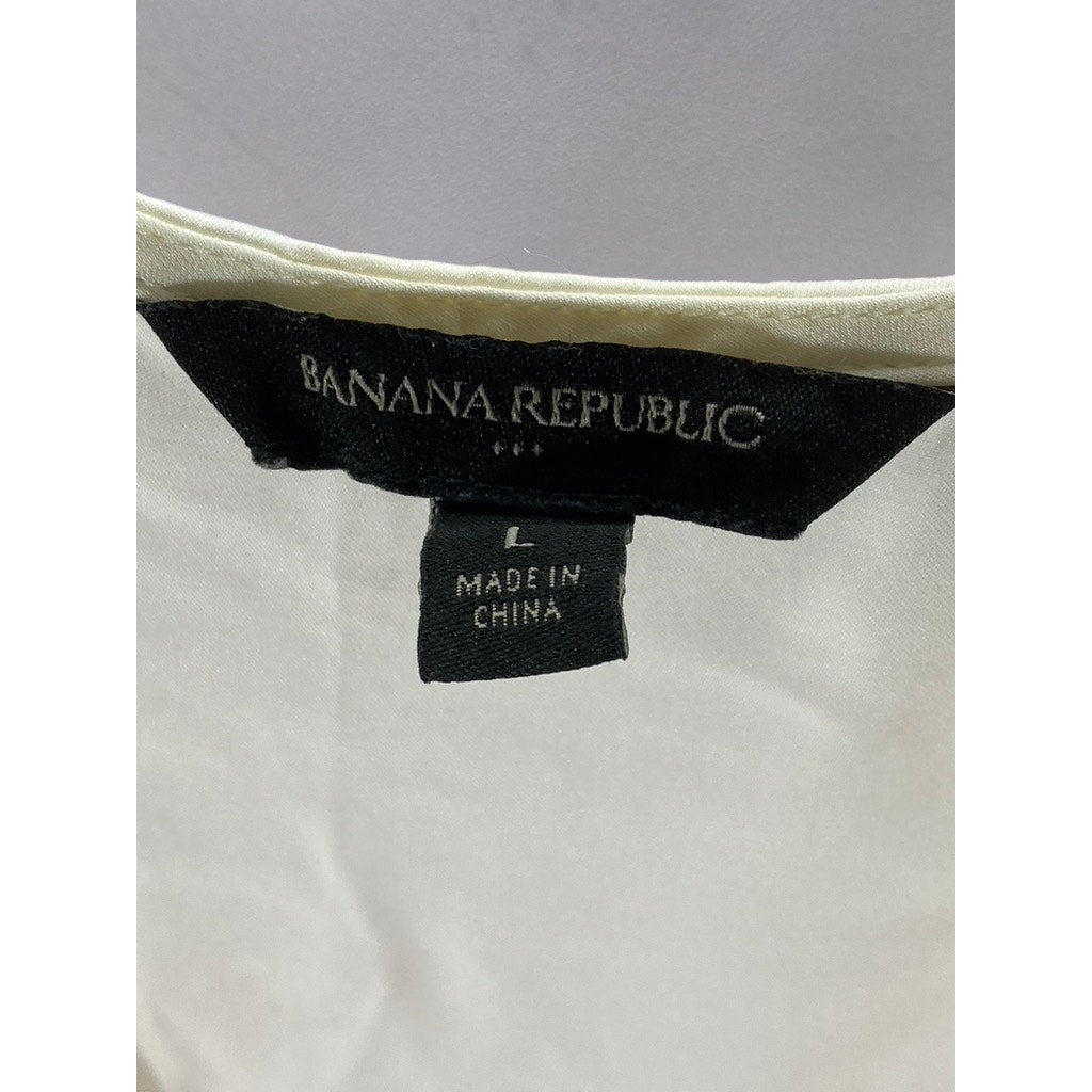 BANANA REPUBLIC Women's Cream Satin Faux Wrap Long Sleeve Hi-Low Top SZ L
