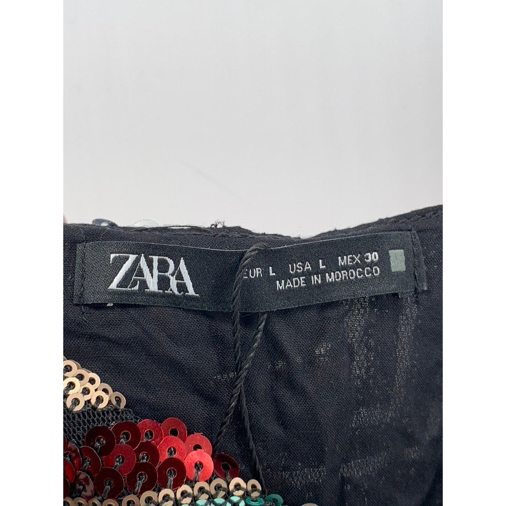 ZARA Women's Black-Multicolor Sequin V-Neck Double-Strap Mini Dress SZ L
