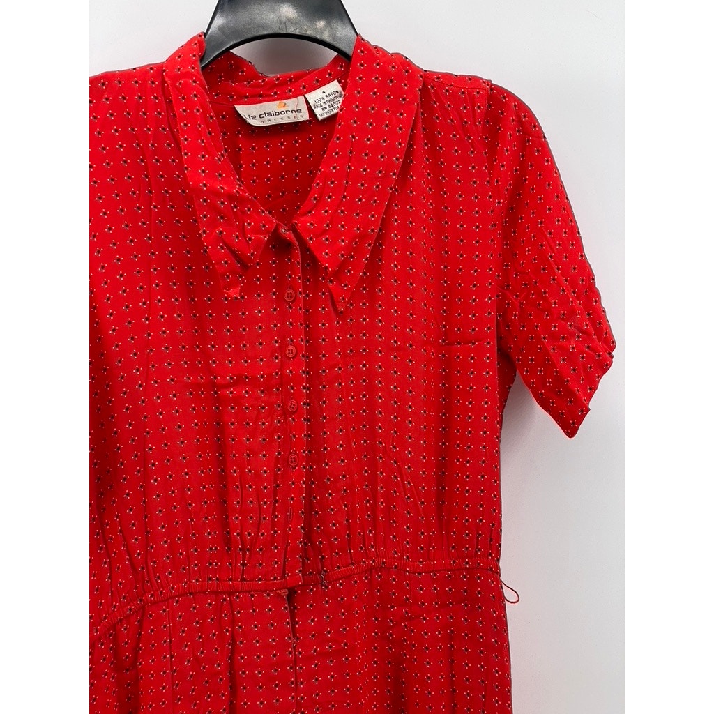 LIZ CLAIBORNE Women's Red Printed Short Sleeve Button-Up Midi Shirt Dress SZ 4