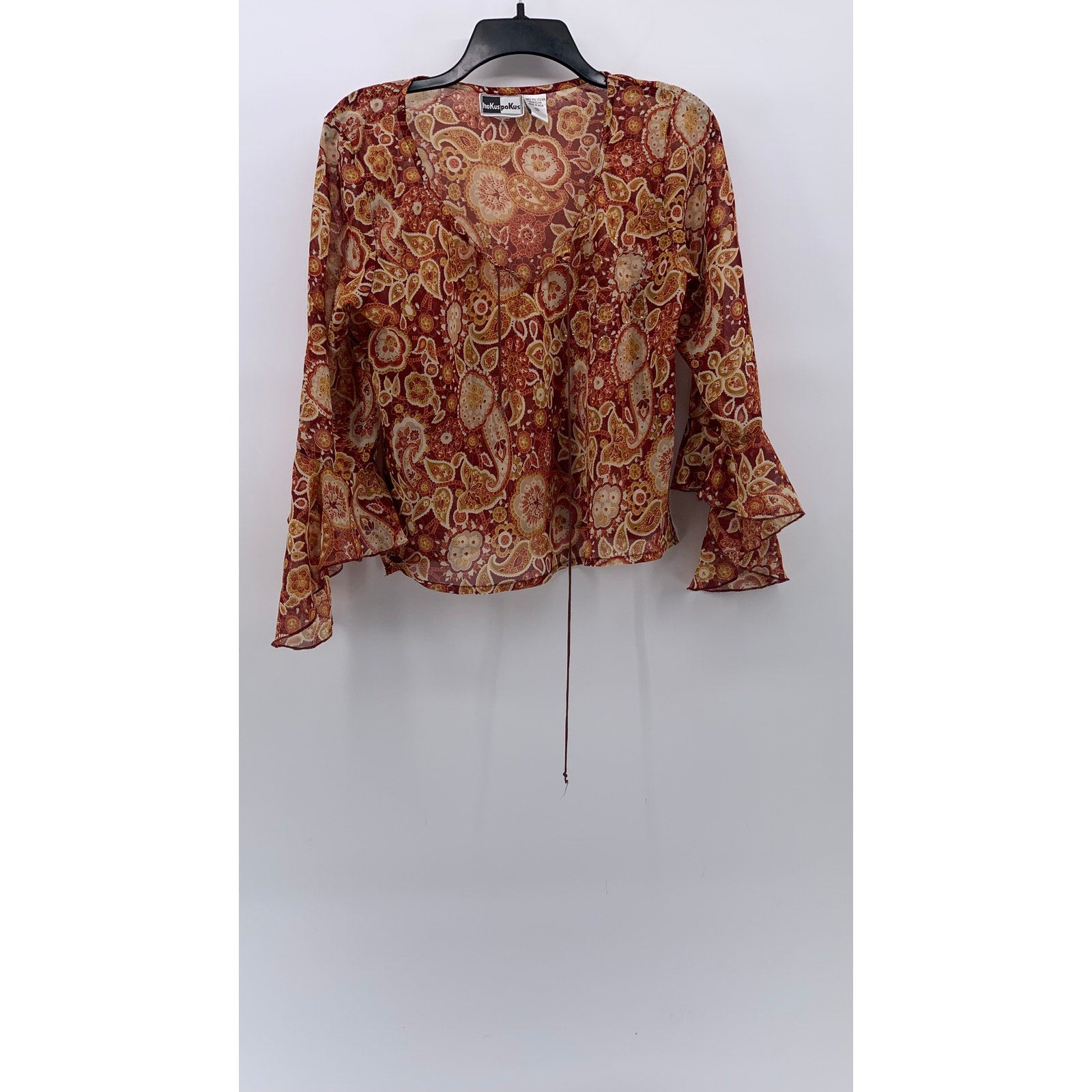 HOKUSPOKUS Women's Vintage Y2K Orange Floral Sequin Long Bell Sleeve Top SZ L