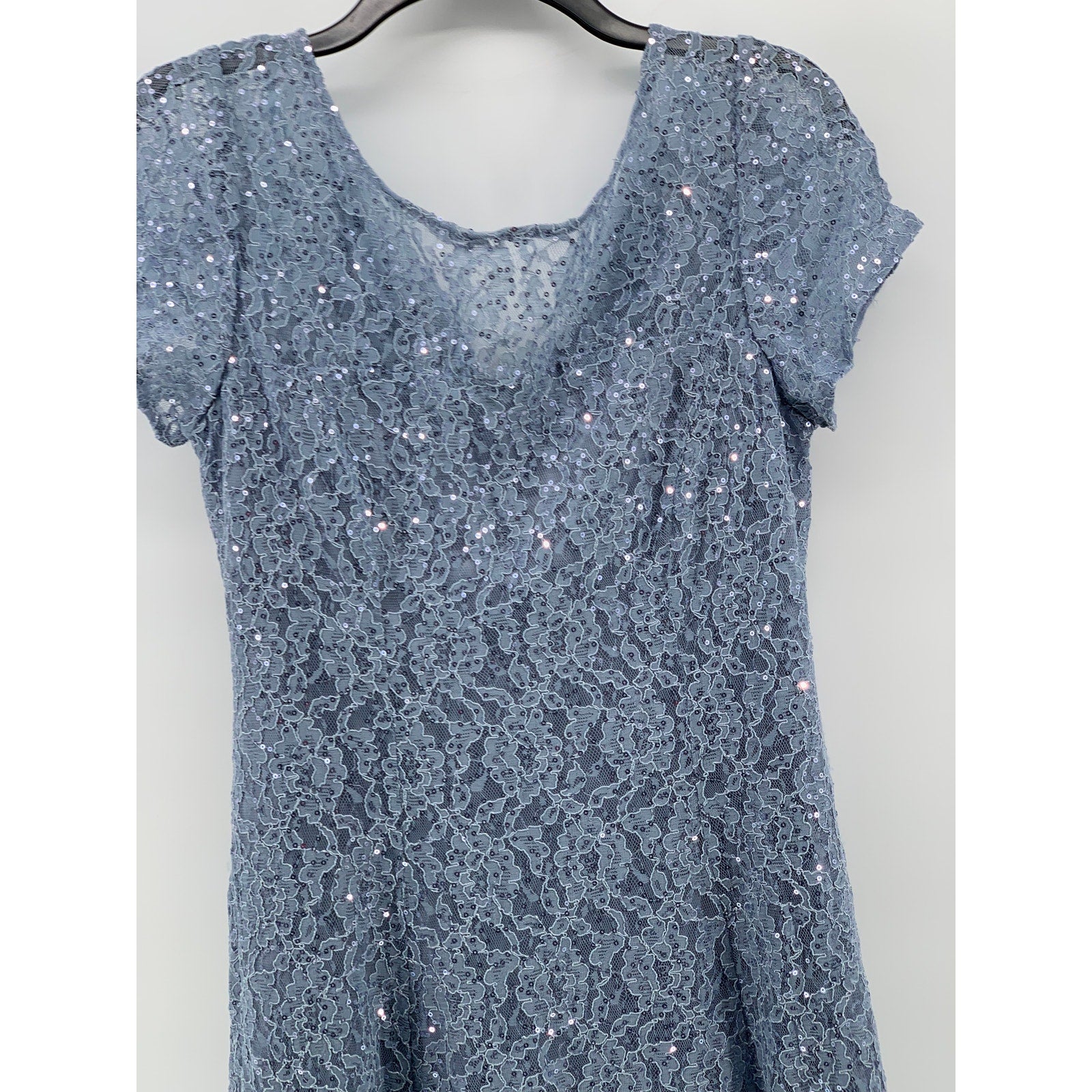 SLNY Women's Blue Sequin Embellished Floral Lace Short Sleeve A-Line Dress SZ 10