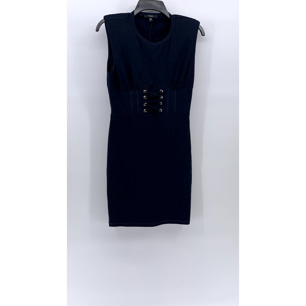 STUDIO F Women's Navy Blue Crewneck Shoulder Padded Sleeveless Corset Dress SZ 4
