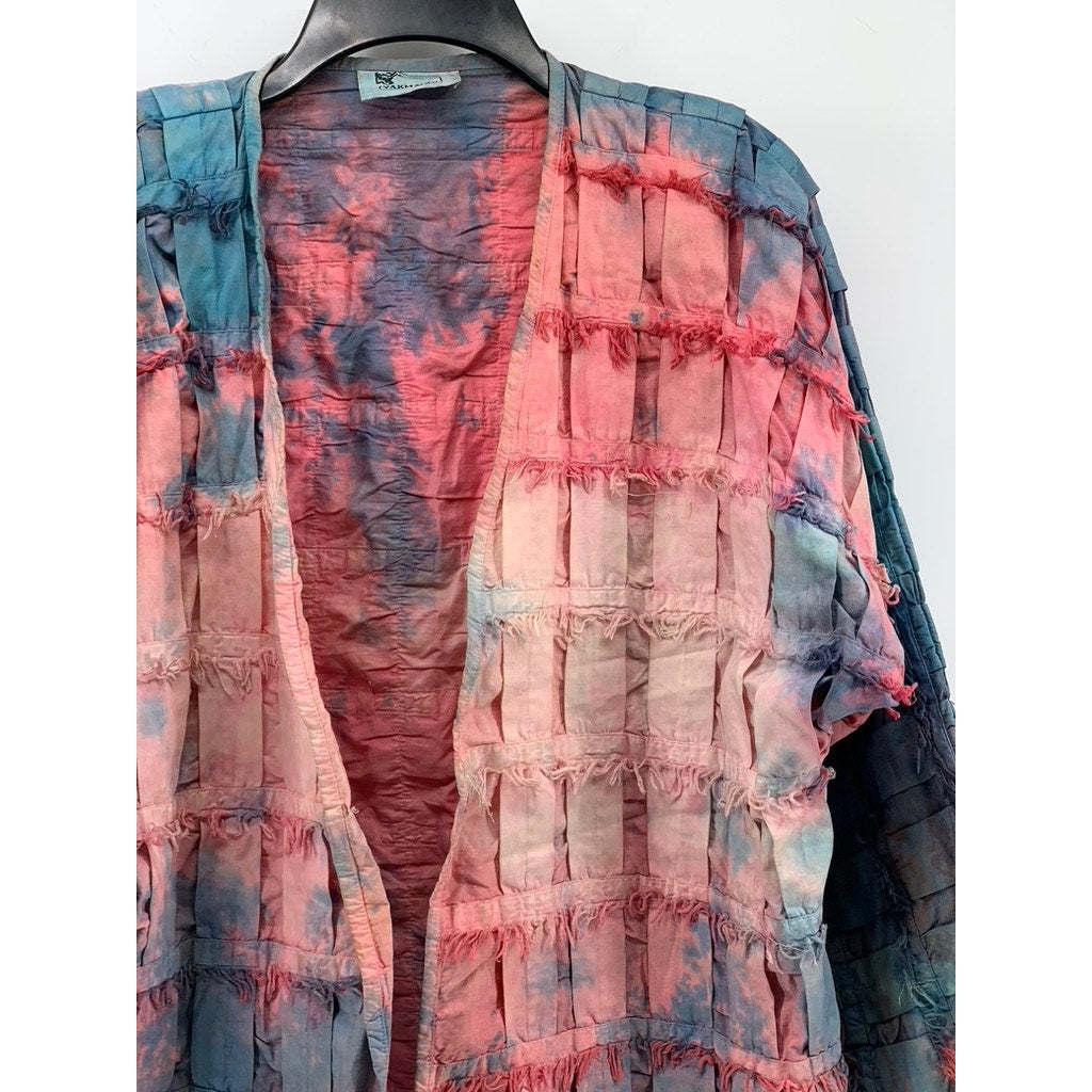 YAKMAGIK Women's Blue-Pink Textured Fringe Long Sleeve Open-Front Shirt SZ OS