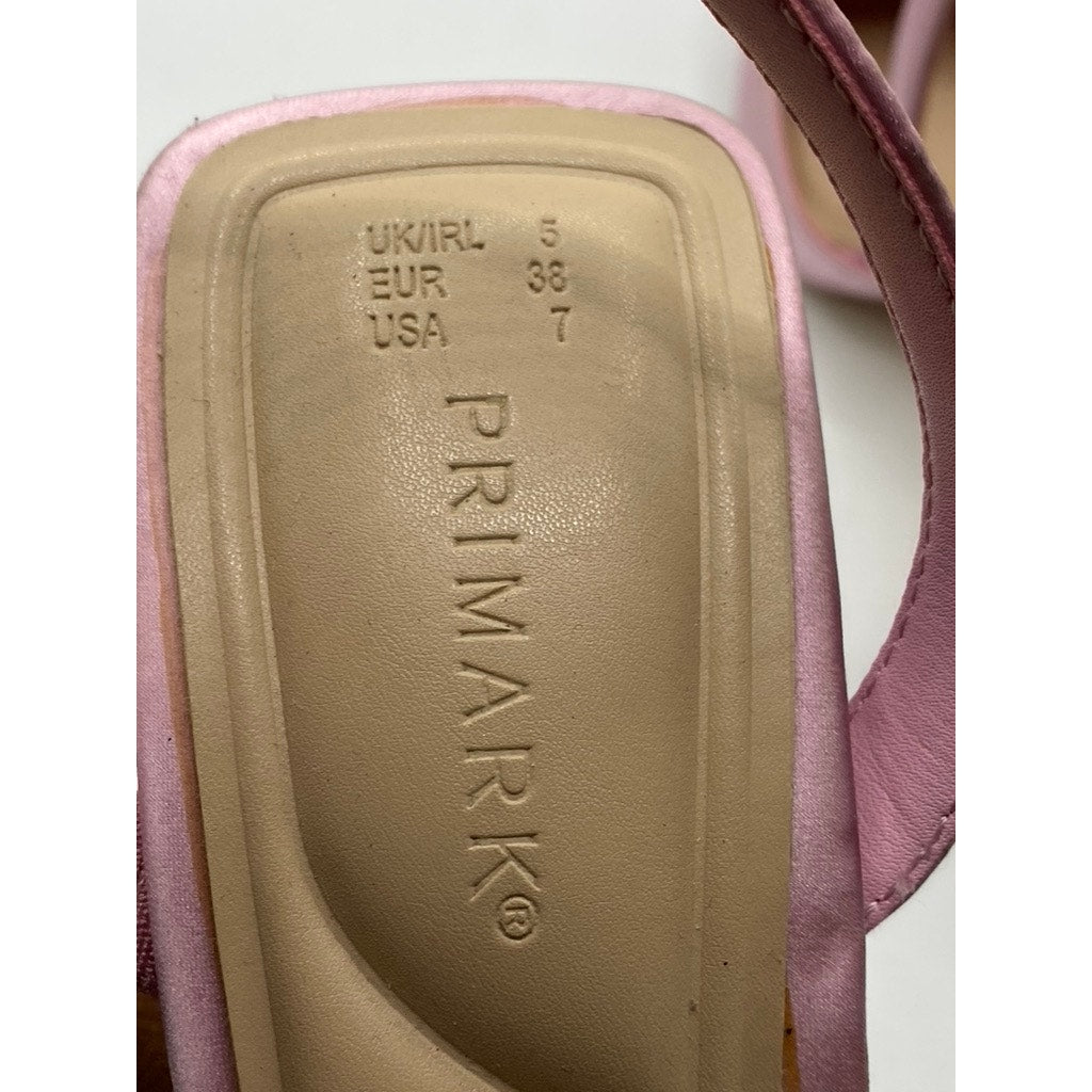 PRIMARK Women's Pink Satin Rhinestone Heart Pointed Toe Stiletto Sandals SZ 7