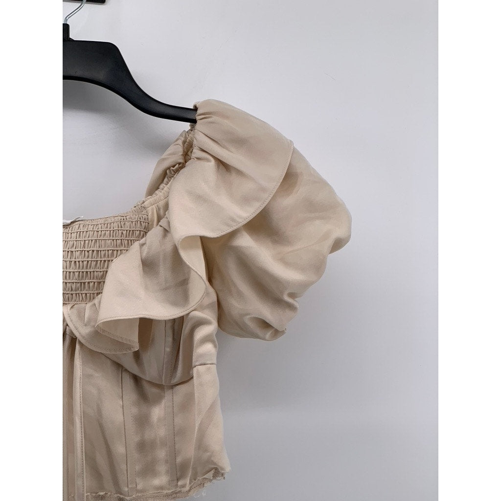 ASTR THE LABEL Women's Beige Satin Ruffle Crop Top SZ S