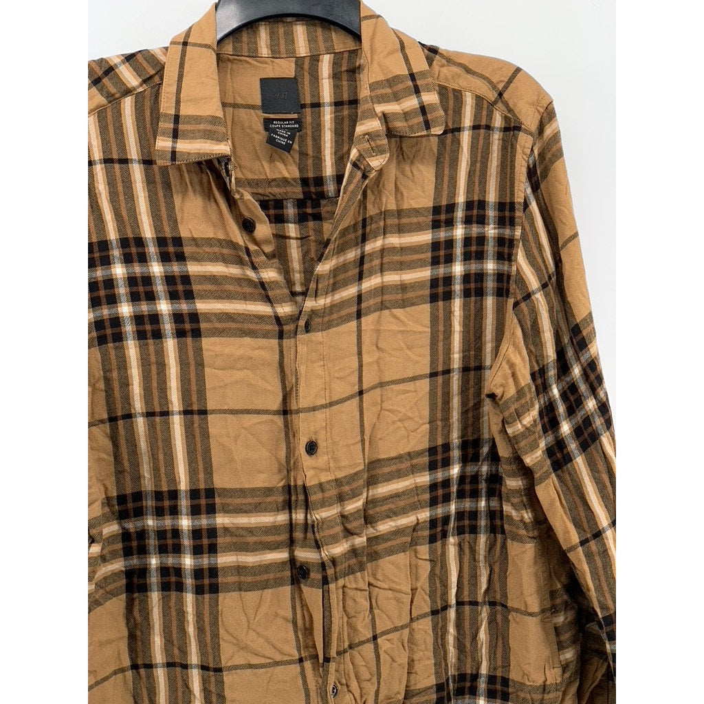 H&M Men’s Tan-Black Plaid Button-Up Regular Fit Shirt SZ M