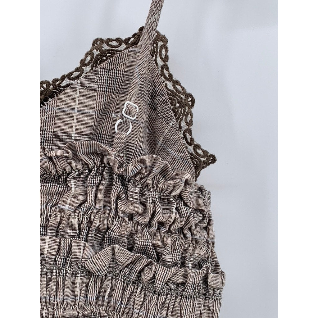 GROOVE Women's Brown Lace-Trim Plaid V-Neck Ruffle Camisole Top SZ S