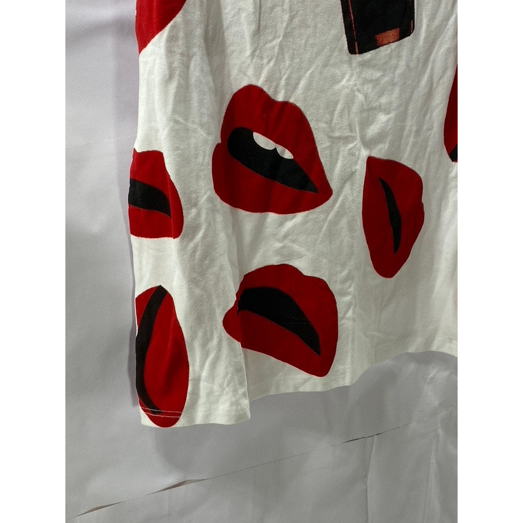 ON FIRE Women's White-Red Lips Crewneck Short Sleeve Mini T-Shirt Dress SZ M