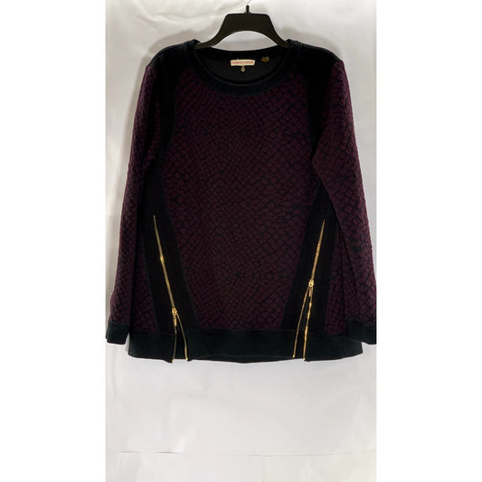 REBECCA TAYLOR Women's Wine-Black Animal Print Crewneck Moto Zip Sweater SZ 10