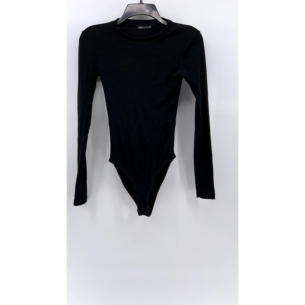 ZARA Women's Black Ribbed High-Neck Bodysuit SZ S