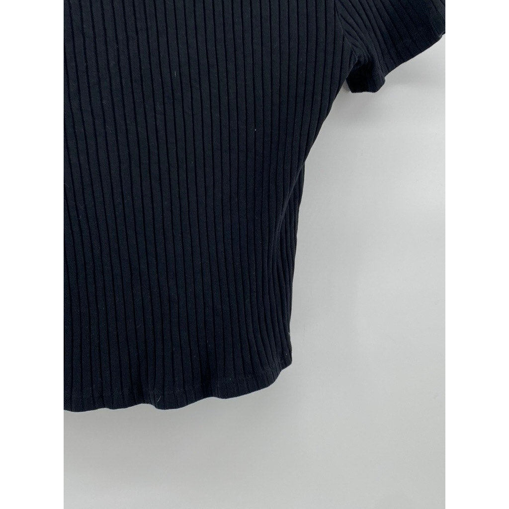UNBRANDED Women's Black Ribbed Short Sleeve Cropped Polo Top SZ XS