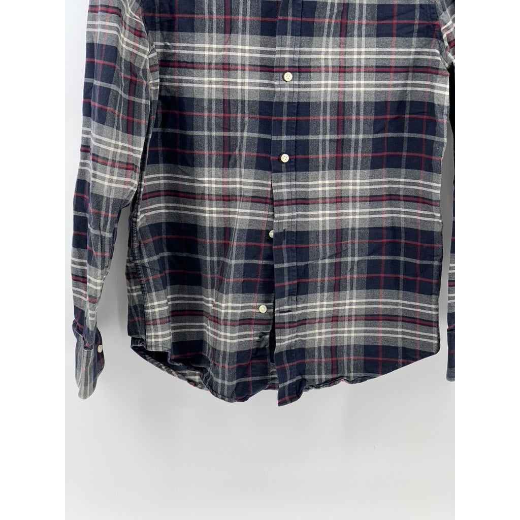 H&M Men's Gray-Navy-Burgundy Regular Fit Plaid Button-Up Long Sleeve Shirt SZ S