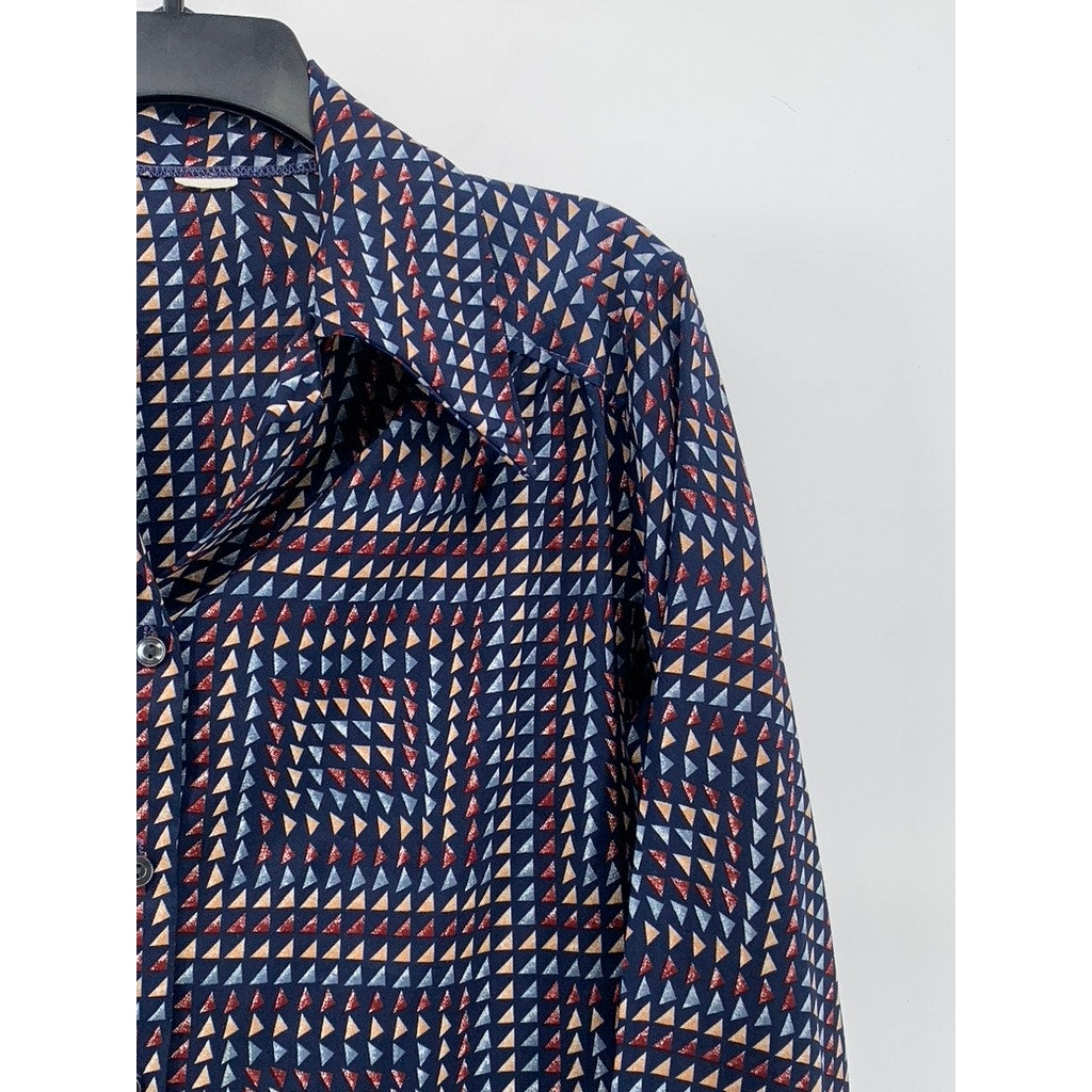 UNBRANDED Men's Blue-Multi Triangle Long Sleeve Button-Up Regular-Fit Shirt SZ M