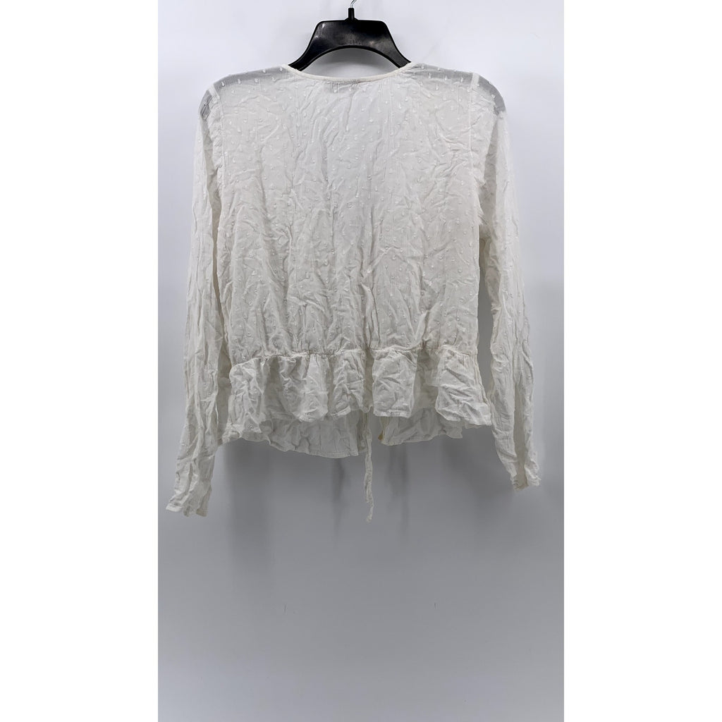 HOLLISTER CO Women's White Swiss Dot Long Sleeve Tie-Front V-Neck Top SZ L