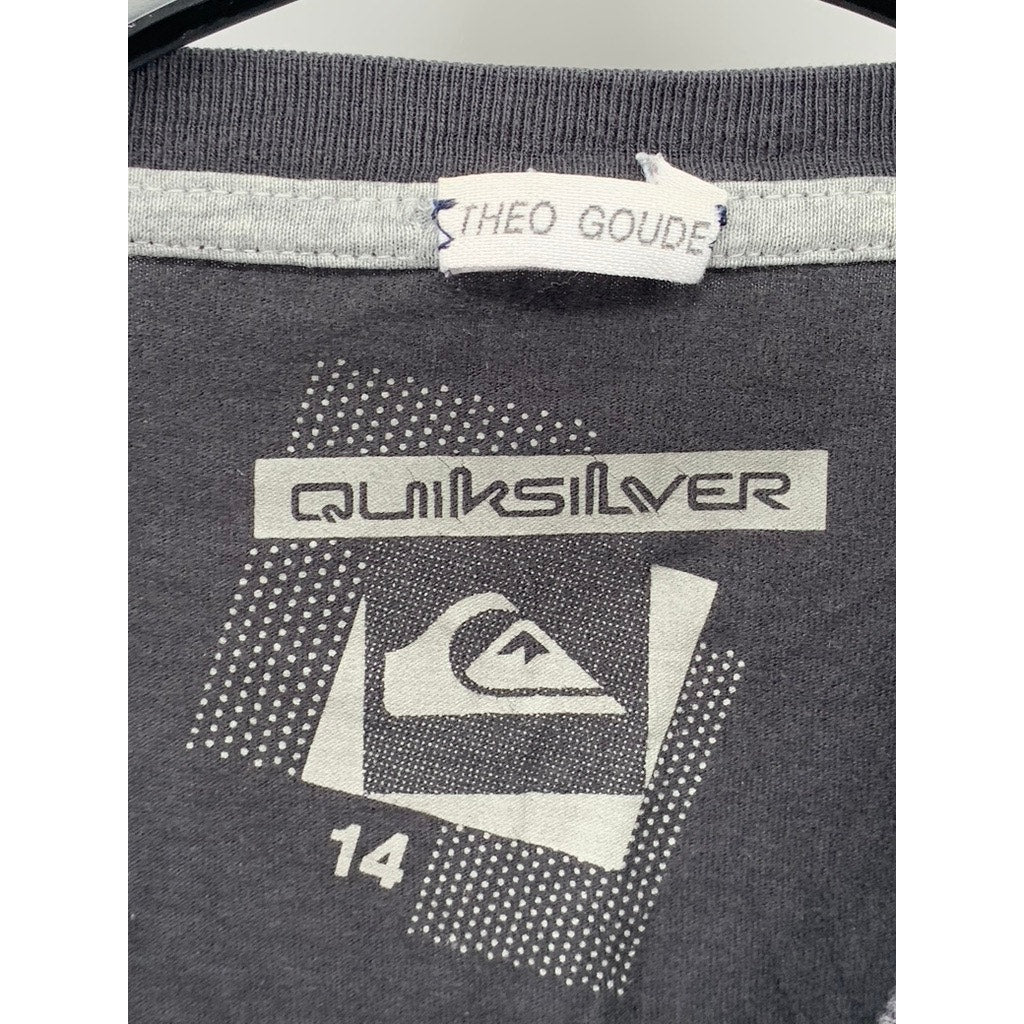 QUICKSILVER Boys' Washed Black Crewneck Patch Logo Long Sleeve T-Shirt SZ 14