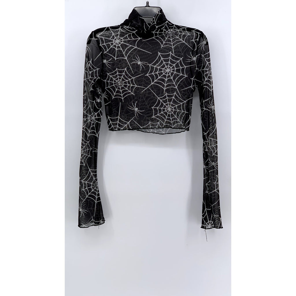 SHEIN Women's Black-White Mesh Spider Web Print Long Sleeve Mock Crop Top SZ 6