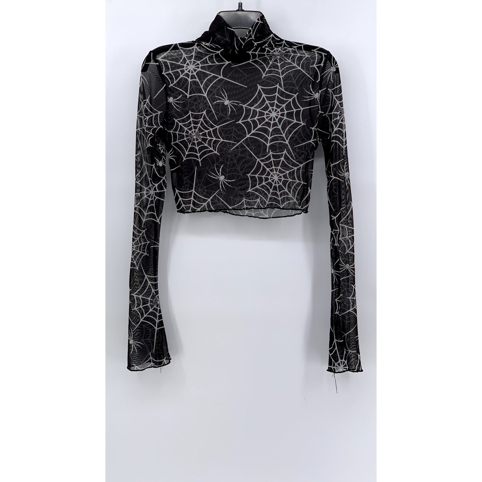 SHEIN Women's Black-White Mesh Spider Web Print Long Sleeve Mock Crop Top SZ 6