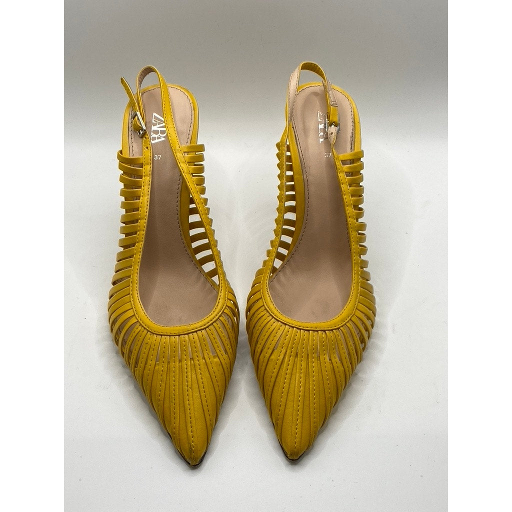 ZARA Women’s Mustard Yellow Cutout Strappy Pointed-Toe Slingback Heels SZ US6.5