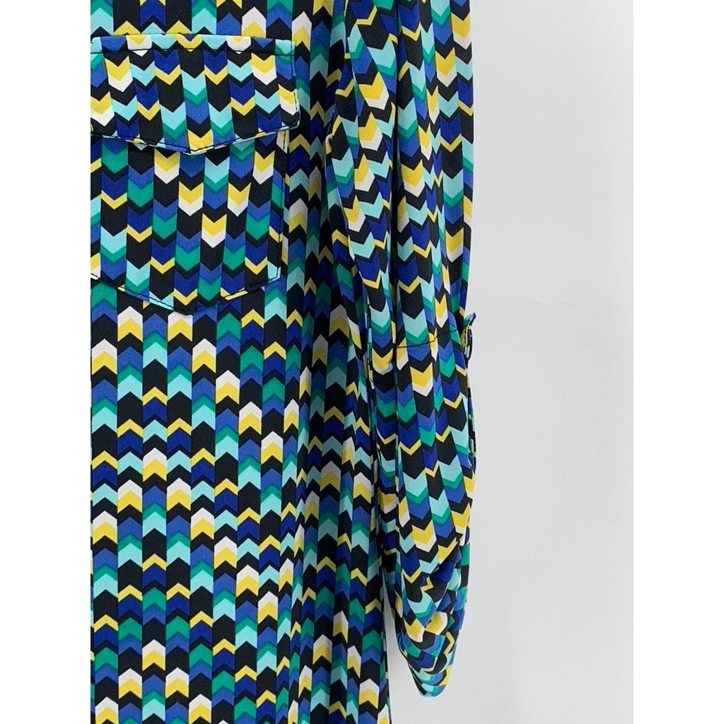 TACERA Women's Blue-Green-Yellow Printed Button-Front Long Sleeve Dress SZ M