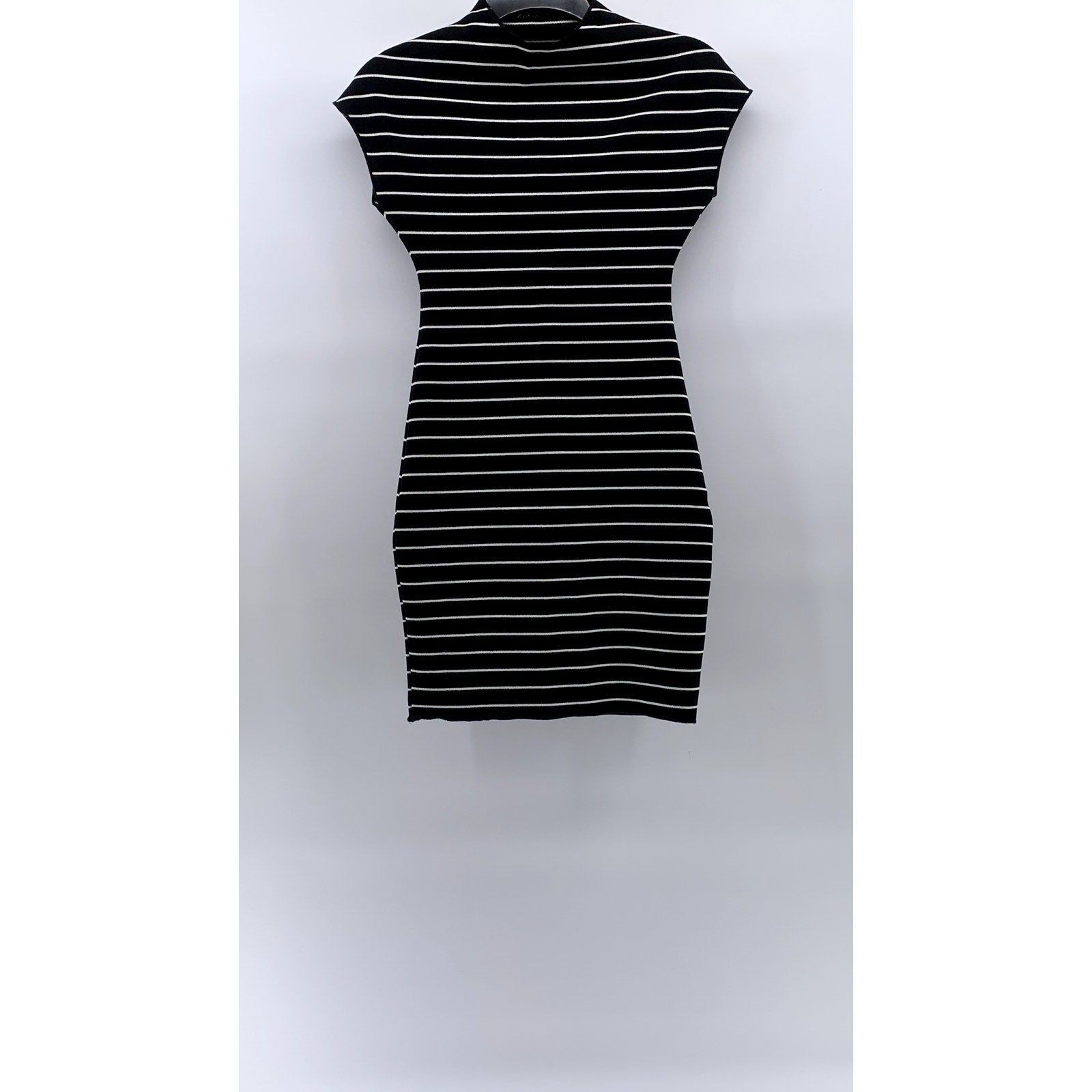 ZARA Women's Black-White Striped High-Neck Knit Short Sleeve Mini Dress SZ S