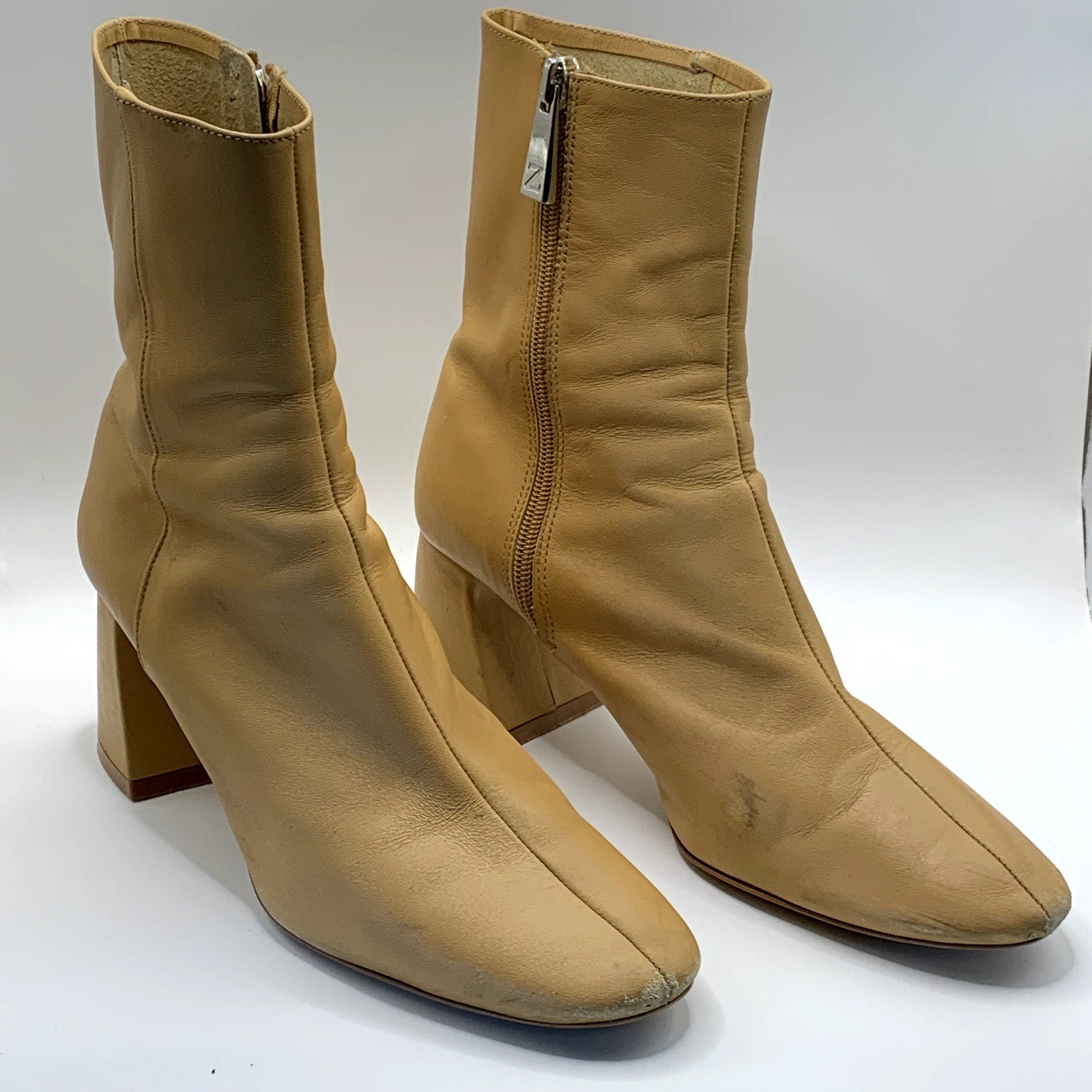 ZARA Women's Tan Faux-Leather Block-Heel Round-Toe Ankle Boots SZ 8